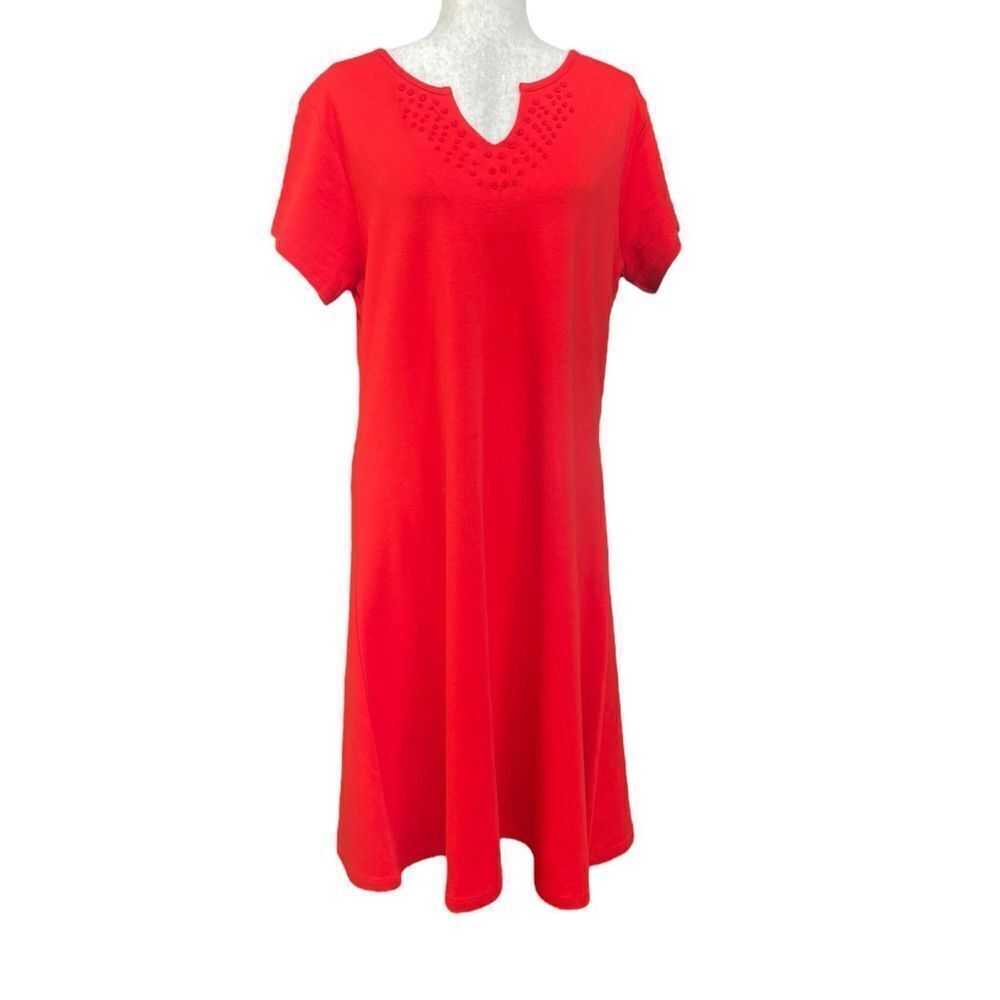 Coldwater Creek Gorgeous Red Tee Shirt V Neck Embroidered Dress size 16 1X